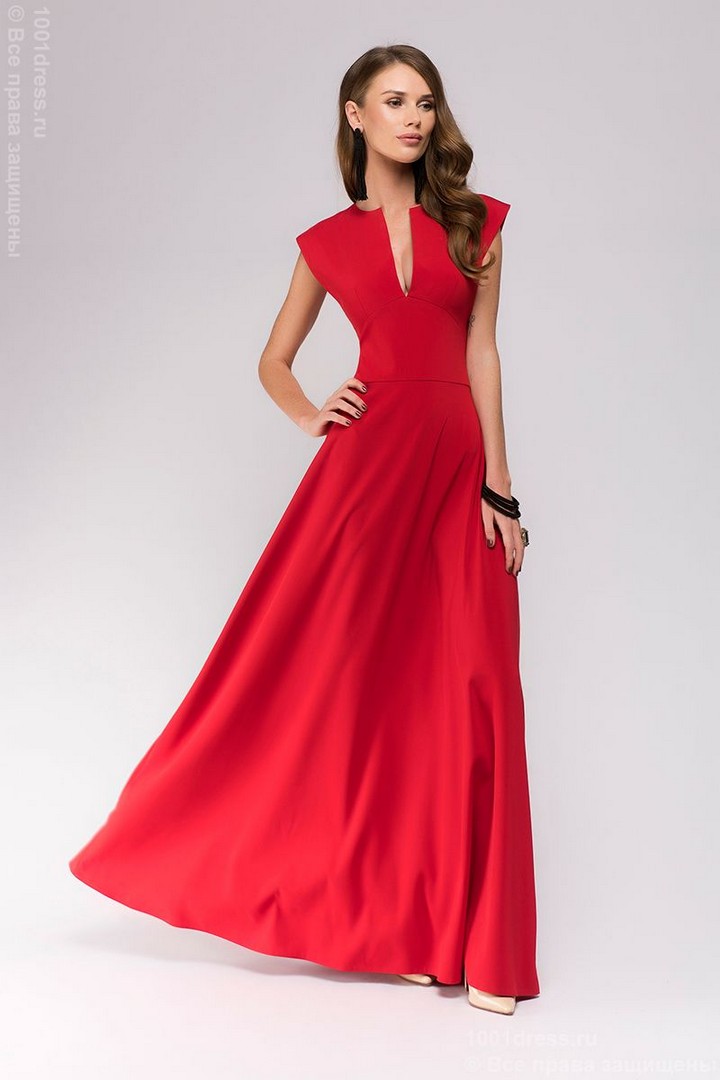 Фото товара 21164, красное платье макси с глубоким декольте